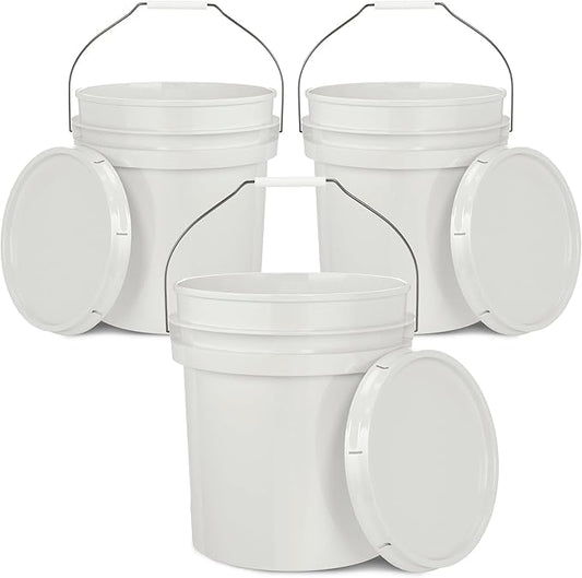 5-Gallon White Bucket Pail Container with Lid | Food Grade | Heavy-Duty Extra Durable | Metal Handles with Plastic Grip for Easy Carrying | Multi-Use | Easy Stack and Store | BPA Free - 3 Pack