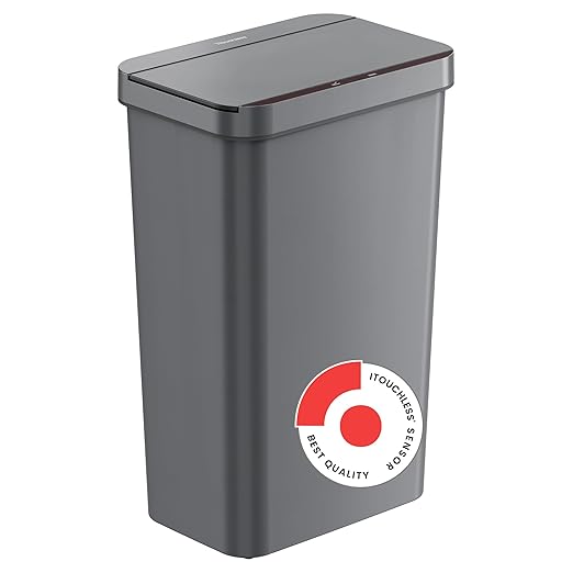 iTouchless Prime 13.2 Gallon Sensor Kitchen Trash Can with Lid, Durable Dent-Proof, Slim and Space-Saving, Automatic Trashcan Wastebasket for Home, Office, Business, Garage, Living Room, Gray Plastic