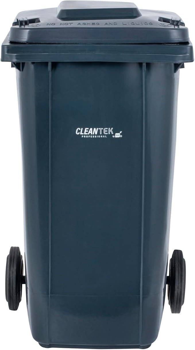 Restaurantware-Clean Tek Professional 32 Gallon Trash Can With Wheels, 1 Garbage Can With Lid - Step-On Attachment Sold Separately, Rectangle, Gray Plastic Dustbin, Long-Lasting, For Outdoor