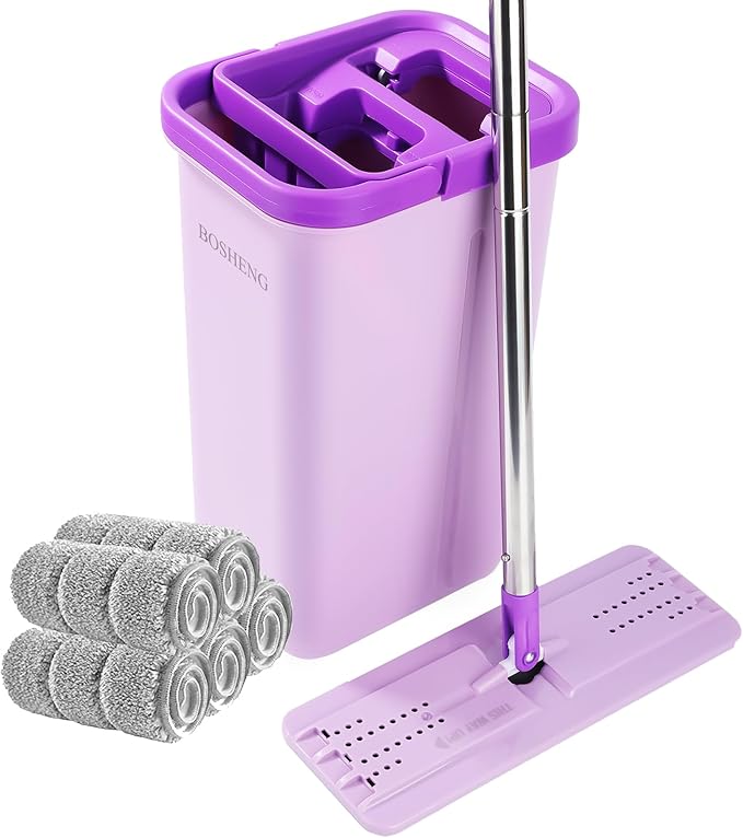 Mop and Bucket with Wringer Set, Hands Free Flat Floor Mop and Bucket, 5 Washable Microfiber Pads Included, Wet and Dry Use, Home Floor Cleaning System for All Floor Types and Windows,Purple