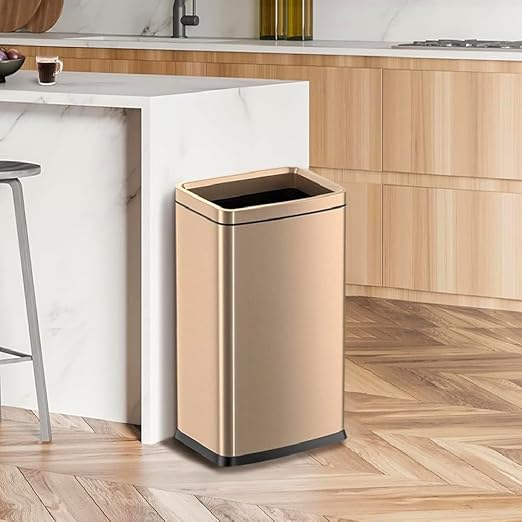 25L/6 Gallon Stainless Steel Square Trash Can, Large Kitchen Garbage Can, Office Commercial Trash Bin Champagne Gold Garbage Can, Large Open Top Waste Basket (25Lgold)