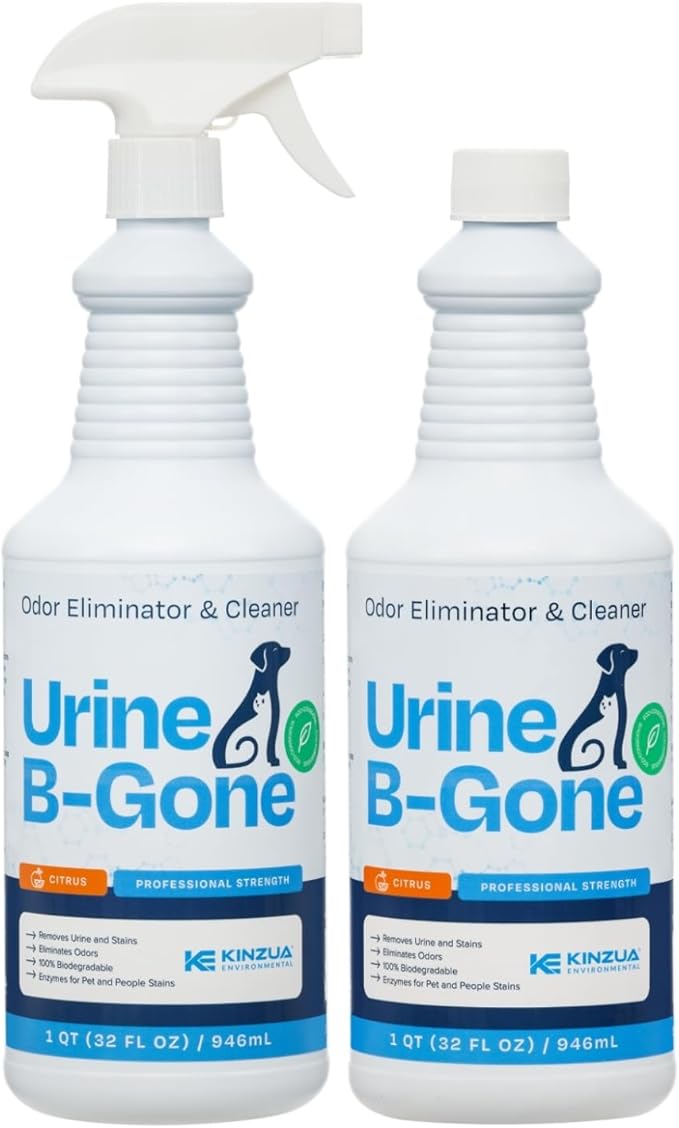 KINZUA ENVIRONMENTAL Urine B-Gone, Professional Enzyme Odor Eliminator & Pet Stain Remover, Human, Cat & Dog Urine Cleaner, Effective on Laundry, Carpets & More, Citrus Scent, 32oz, Pack of Two