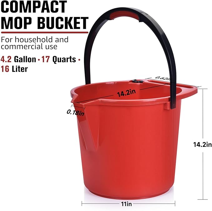 Matthew Cleaning 4.2 Gallon Mop Bucket, Heavy Duty Plastic Cleaning Bucket with Built-in Pour Spout, Mop Holder and Comfort Grip Handle, House and Commercial Cleaning Supplies, Case Pack 12 Pcs Red