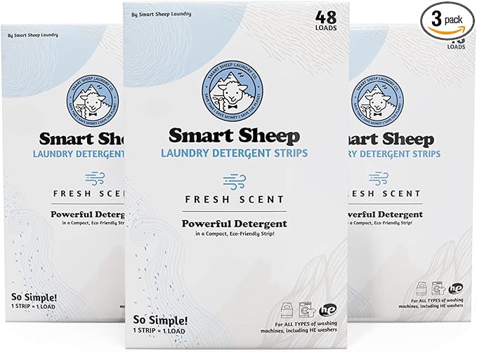 Smart Sheep - Laundry Strips - 144 Loads 3 PACK - Laundry Detergent Strips - Detergent Strips for Sensitive Skin -Convenient Eco Friendly & Plastic Free -Perfect for Home Travel & Camping -Fresh Scent
