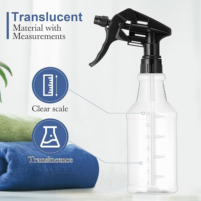 Eccliy 20 Pack 16oz Empty Spray Bottles, Leakproof Cleaning Bottles with Measurement and Adjustable Nozzle for Housekeeping, Commercial Use(Clear Cylinder,Black Spray Head)
