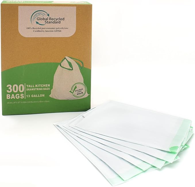 TYPLASTICS 300 Count 13 Gallon Tall Kitchen Drawstring Trash Bags, GRS Compliant, Eco-Friendly Recycled Material