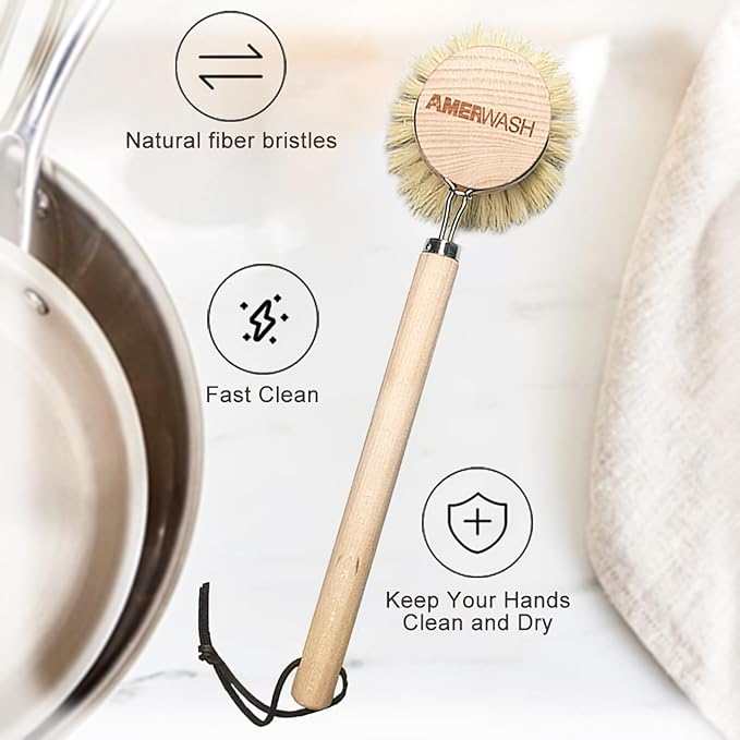 Dish Brush with Wooden Handle, Natural Kitchen Brush for Dishes Vegetable, Pots and Pans, Tampico Fiber Bristles Scrubber, Extra 3 Pack Replacement Head Included