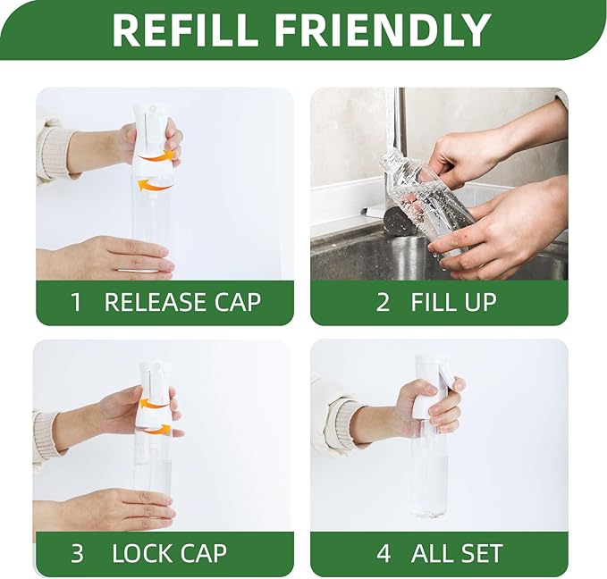 2-Pack Continuous Fine Mist Spray Bottle for Hair - Patented Ultra-Fine Mist for Hairstyling, Cleaning, Plants, and More - BPA-Free, Leak-Proof, 360° Spray, Durable - White (300 ml/10.1oz)