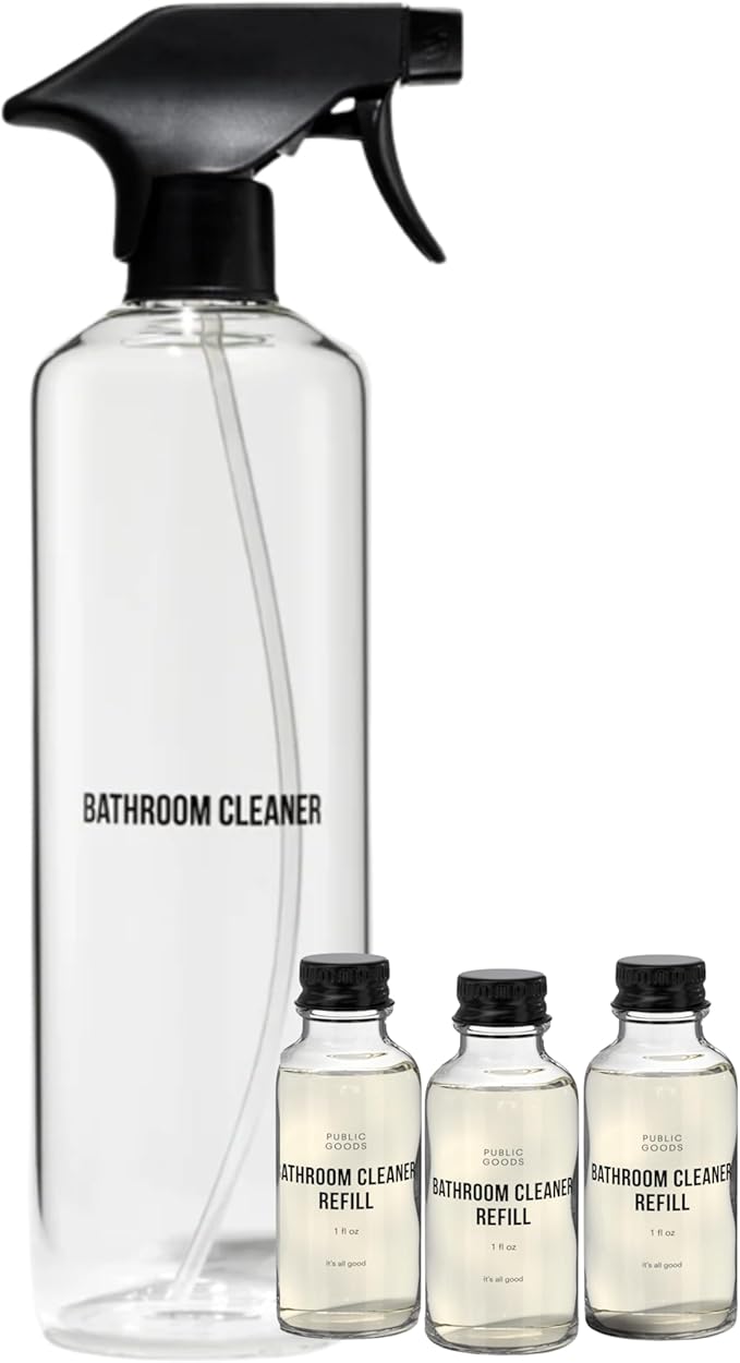 Public Goods Bathroom Cleaner Refill & Glass Spray Bottle | Refill Concentrate for Toilets, Tile, Showers | Cruelty Free | Scented w/Lemon Rosemary Essential Oils | 3 Pack - 24 Oz Diluted