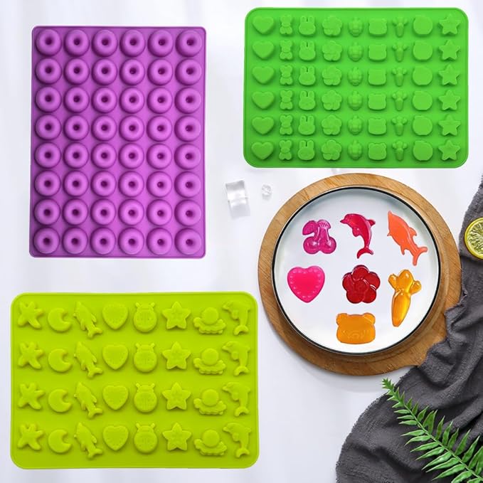 Gummy Candy Molds - Silicone Gummy Dinosaur/Marine Animal/Donut/Small Hearts Shapes/Fruit Snack Mold for Kids with 2pcs Dropper,Non-stick and Bpa Free for Mini Candy Chocolate Gummies Baking