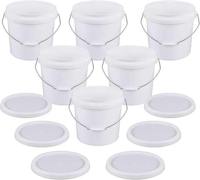6 Pcs 4 Gallon White Bucket & Lid, Durable All Purpose Pail, Food Grade BPA Free Bucket Container with Handle