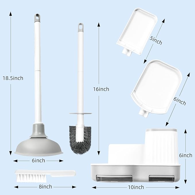 2 Pack Toilet Brush and Holder Set with Plunger, Crevice Cleaning Brush for Deep Cleaning, Space Saving Storage