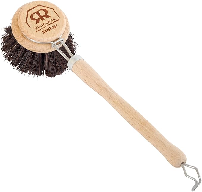 Redecker German-Made Horse Hair Bristle Dish Brush, Soft All-Purpose Scrubber for Kitchen & Household with Strong Horse Hair Bristles, 2 inch Replaceable Brush Head, Single Unit, 9-inches Long