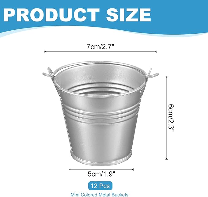 PATIKIL 2.7"x2.3" Small Metal Buckets with Handle, 12 Pcs Mini Galvanized Bucket Colorful Easter Buckets for Crafts Party Favors Decoration, Silver