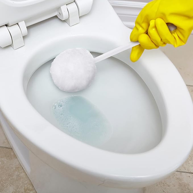 Eaasty 20 Pack Toilet Bowl Brush with Long Plastic Handle Disposable White Soft Swab Toilet Bowl Cleaners Mop with Silk Cotton Brush for Bathroom, 11 x 4.3 Inch
