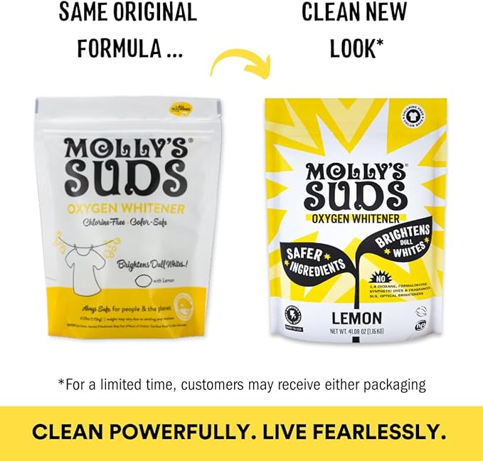 Molly's Suds Oxygen Whitener | Powerful Bleach Alternative, Chlorine Free & Color Safe | Brightens Whites and Removes Stains (Lemon Essential Oil - 41.09 oz)