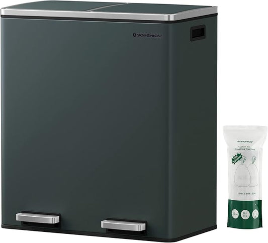 SONGMICS Trash Can, 2 x 8 Gallon (2 x 30 L) Garbage Can for Kitchen, with 15 Trash Bags, 2 Compartments, Plastic Inner Buckets and Hinged Lids, Airtight, Greenish-Gray ULTB60GS02