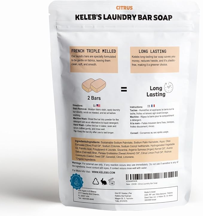 KELEBS Laundry Soap Bar - Hypoallergenic and Organic Citrus Formula for Sensitive Skin - Stain Remover for Delicate Clothes, Underwear, Collar - 2 Bars