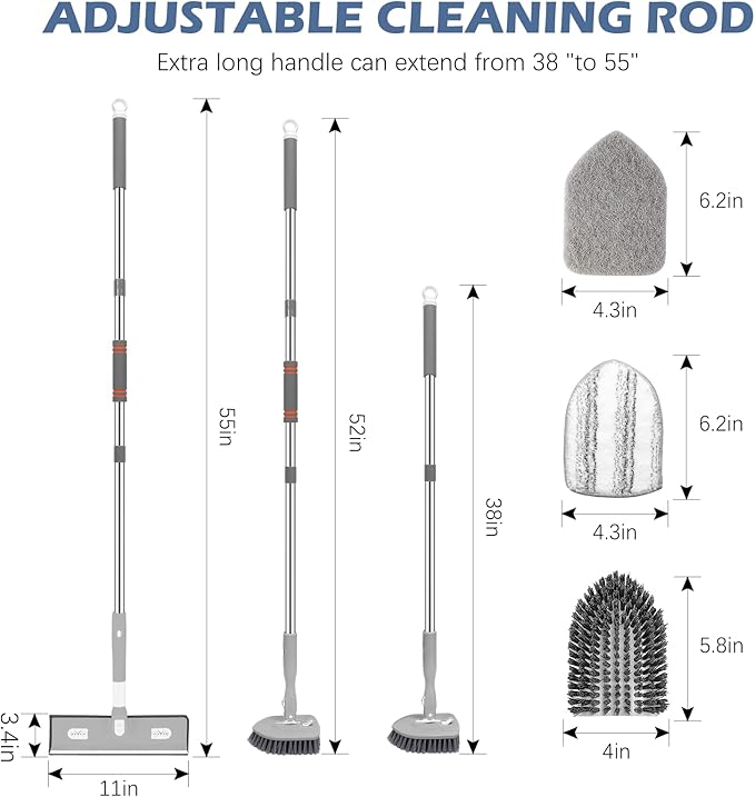SetSail 4-in-1 Tile Tub Floor Scrubber with 52-inch Adjustable Long Handle Shower Cleaner Brush with Window Scrubber and 3 Replacement Brush Heads for Bathroom Kitchen Walls Tub Tile Sink, Grey