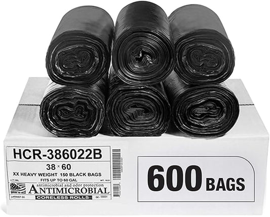 Aluf Plastics High Density Trash Bags, 60 Gallon, 600 Count, 22 Micron (eq), 38" x 60", Black, for Bathroom, Office, Industrial, Commercial, Janitorial, Municipal, Recycling
