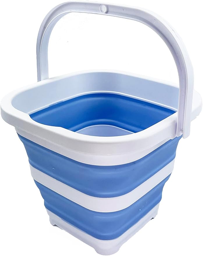 SAMMART Collapsible Rectangular Cleaning Bucket 5L (1.3 Gallon)- Foldable Camping Beach Sand Water Pot Pail- Portable Space Saving Tub for Household, Outdoor Car Washing (White/Baby Blue)