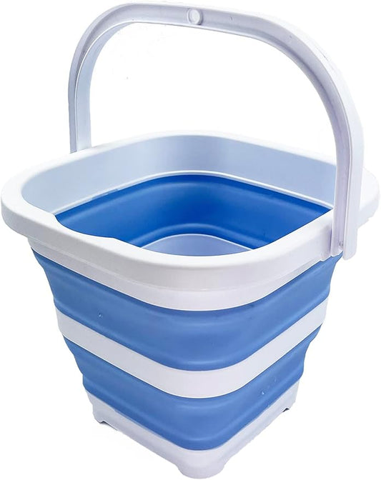 SAMMART Collapsible Rectangular Cleaning Bucket 5L (1.3 Gallon)- Foldable Camping Beach Sand Water Pot Pail- Portable Space Saving Tub for Household, Outdoor Car Washing (White/Baby Blue)