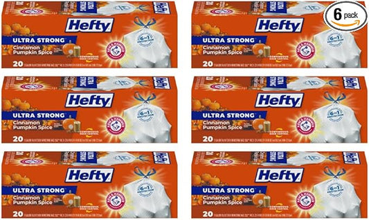 Hefty Ultra Strong Tall Kitchen Trash Bags, Cinnamon Pumpkin Spice Scent, 13 Gallon, 20 Count (Pack of 6)