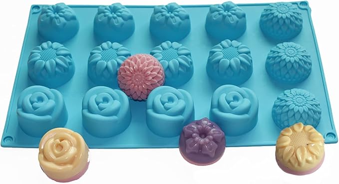 X-Haibei Floral Silicone Mold – Sunflower, Chrysanthemum, Rose, and Small Flower Designs – Perfect for Guest Soap, Sample Soap, Lotion Bars, Chocolate, and Jello 1oz, Dia. 1.6inch