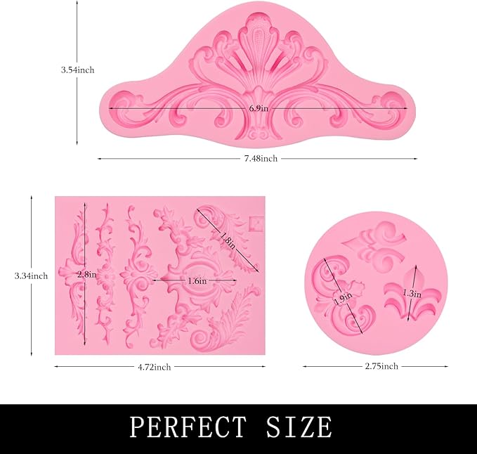 Baroque Silicone Molds for Cake Decorating, 3 Pieces Frame Vintage Relief Relief Fondant Molds for Flower European Style Cupcake Toppers Chocolate Candy