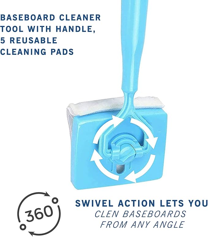 Baseboard Cleaner Tool with Handle [in Stock US], 5 Reusable Cleaning Pads by KnUVSA, Retractable Handle, Used for Bathroom Microfiber Cleaning, Molding Cleaner Tool, 6 Piece Set