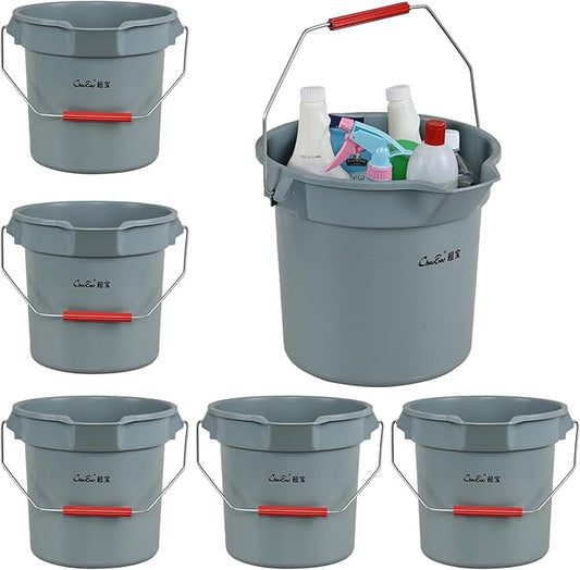 6-Pack Plastic Round Bucket with Handle, 14 Quart Cleaning Bucket, Utility Pail with Pour Spout, Grey