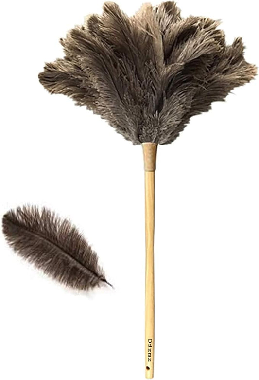 Feather Dusters for Cleaning, Feather Duster Ddzmz Fluffy Natural Genuine Ostrich Feathers and Reusable Wooden Long Handle Large Ostrich Feather Duster Cleaning for Housewife Brown Length 24" 1Pack