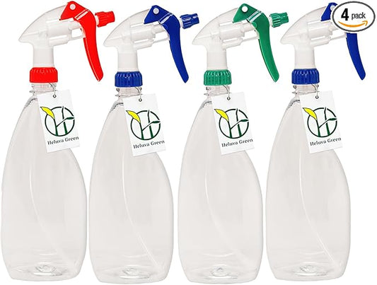 Heluva Green Heavy Duty 24oz Clear Plastic Spray Bottles for Cleaning - Large Empty Bottles for Gardening Solutions, Vinegar, Chemicals, Professional Cleaners - Adjustable Sprayer Nozzle - 4 Pack