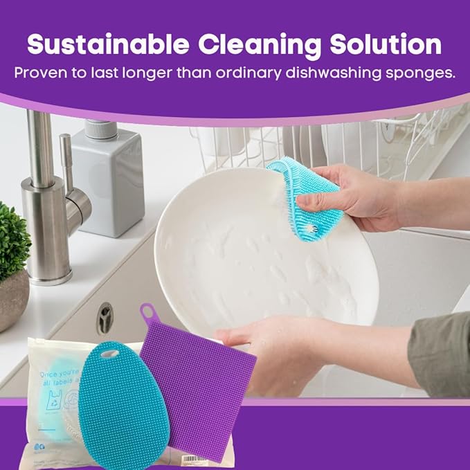 Silicone Dish Sponge Dish Scrubber (Oval and Square) - Dual-Sided, Food Grade Silicone Sponges for Dishes and Housecleaning 2-Pack