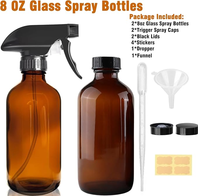 8oz Amber Glass Spray Bottles - 2 Pack Empty Refillable Bottles for Cleaning, Hair Care, Essential Oils, Plants - Includes Durable Nozzle, Labels, Funnel & Dropper, Handheld Size