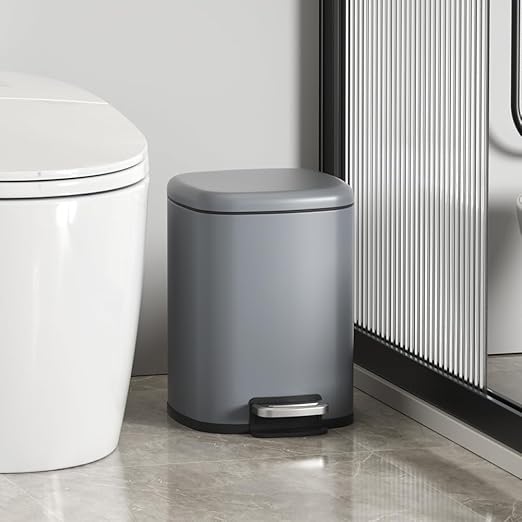 2.6gal Step-Open Trash Can，Small Bathroom Garbage Can with Soft-Close Lid,Fingerprint Resistant Trash Bin for Bathroom,Bedroom,Living Room,Office,Hotel (2.6gal-Gery)
