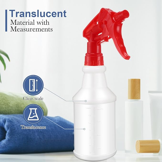 Eccliy 20 Pack 16oz Empty Spray Bottles, Leakproof Cleaning Bottles with Measurement and Adjustable Nozzle for Housekeeping, Commercial Use(Cylinder,Red Spray Head)