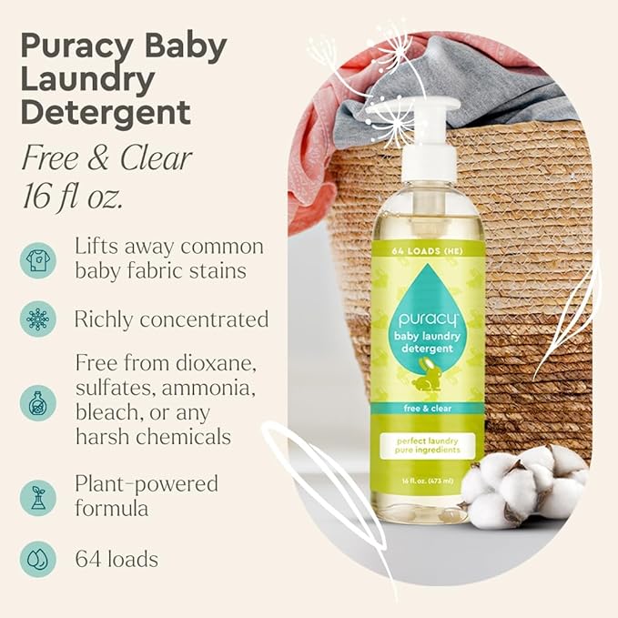Puracy Liquid Baby Laundry Detergent - 1,4 Dioxane Free, Natural, Scent-Free Gentle Laundry Detergent Liquid Concentrate Laundry Pouch with Stain Fighting Enzymes (Baby- Free & Clear, 16oz)