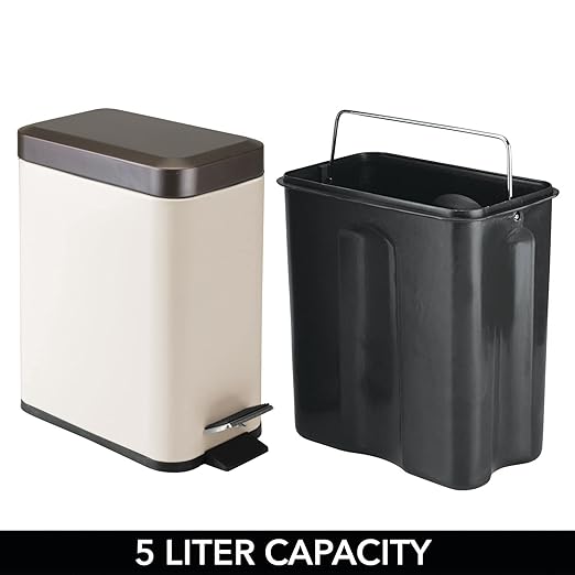 mDesign Small Modern 1.3 Gallon Rectangle Metal Lidded Step Trash Can, Compact Garbage Bin with Removable Liner Bucket and Handle for Bathroom, Kitchen, Craft Room, Office, Garage - Vanilla/Bronze