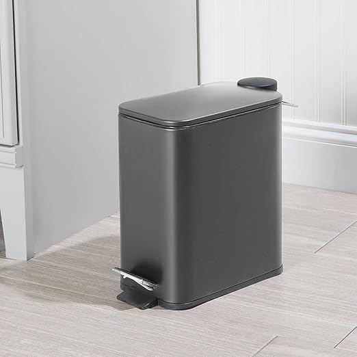 mDesign Rectangular Pedal Bin – 5 L Metal Waste Bin with Pedal, Lid and Plastic Bucket Insert – Household Rubbish Bin for Bathroom, Kitchen and Office – Dark Grey