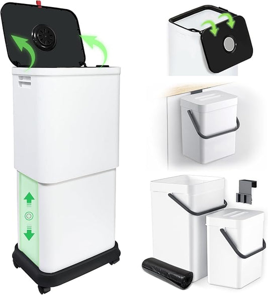 Gintan 13 Gallon Trash Can with Lid, 25-45 L Altitude Variable Bin, Garbage Can with Wheels for Kitchen, Bathroom, Bedroom, Office, with Two Space-Saving Hangable Small Waste Bin and Garbage Bag