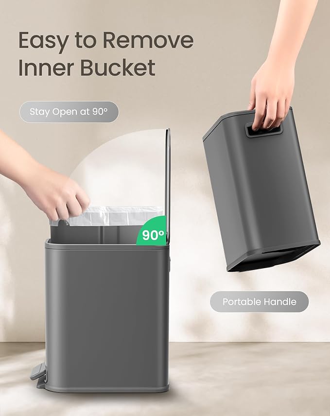 Cesun Small Bathroom Trash Can with Lid Soft Close, Step Pedal, 5 Liter / 1.3 Gallon Stainless Steel Garbage Can with Removable Inner Bucket, Waste Basket for Bathroom, Bedroom (Gray)