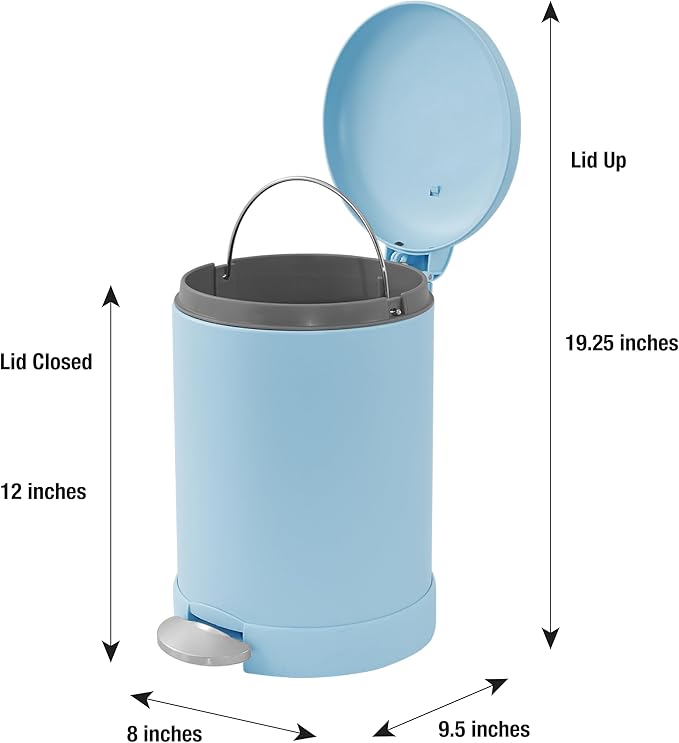 Glad Small Trash Can, 1.2 Gallon | Round Stainless Steel Garbage Bin with Soft Close Lid & Step Foot Pedal | Metal Waste Basket with Removable Inner Bucket, Blue