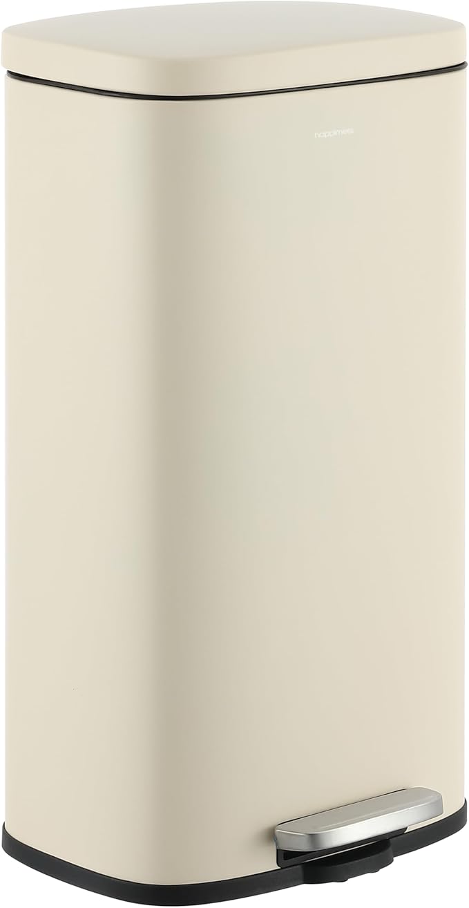 happimess HPM1011I Curtis 8-Gallon Step-Open Trash Can, Fingerprint Resistant, Modern, Minimalistic for Home, Kitchen, Laundry Room, Office, Bedroom, Bathroom, Limestone Beige