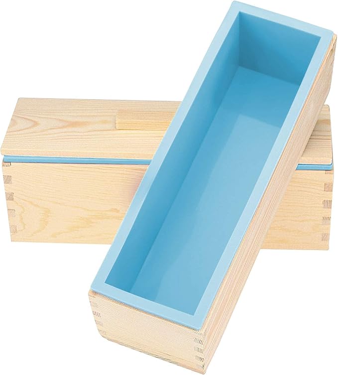 ZOENHOU Pack of 2 42oz Blue Soap Molds with 2 Lids, Flexible Rectangular Silicone Soap Making Molds Kit with Wood Box DIY Tool Set for Soap Making Supplies