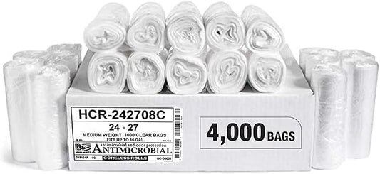 Aluf Plastics High Density Trash Bags, 12 Gallon, 4000 Count, 8 Micron (eq), 24" x 27", Clear, for Bathroom, Office, Industrial, Commercial, Janitorial, Municipal, Recycling