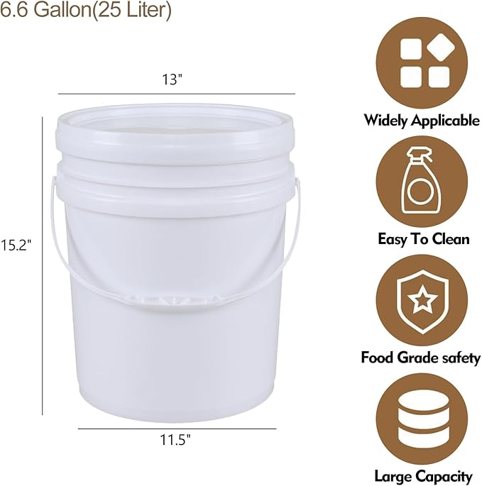 Farmoon 6.6 Gallon Plastic Buckets with Sealable Lids, 4 Pack White Round Plasitc Pails