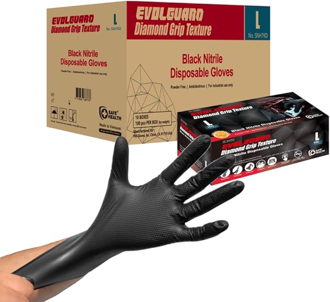 Safe Health Nitrile Industrial Disposable Gloves, Black 6 Mil, Orange 8 Mil, Diamond Textured