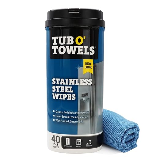 Tub O' Towels Heavy Duty Stainless Steel Cleaner Wipes, 40 Count, with 12” x 12: Micro Fiber Cloth