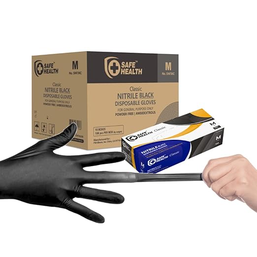 SAFE HEALTH Nitrile Black Industrial Disposable Gloves-Medium 3.5 Mil Case of 1000 Powder Free-Latex Free Tattoo-Beauty Salon-Hair Nail Studio-Auto Repair-Car Maintenance-Household-Daily